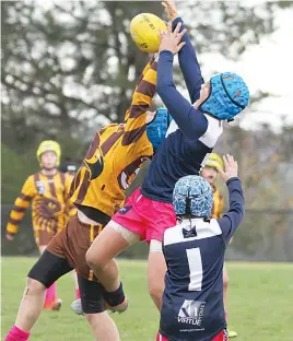  ?? ?? Warranor’s Caleb Horner and Blues player Coby Murnane compete for a mark.