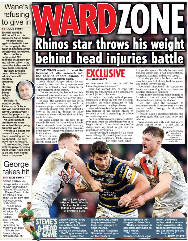  ?? JULIE STOTT JULIE STOTT ?? HEADS UP: Leeds skipper Stevie Ward is tackled by Rowan Milnes and Liam Kirk of Bradford Bulls