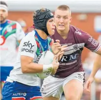  ?? Photo / Photosport ?? Reece Walsh made his first appearance against Manly in the 55th minute and was targeted defensivel­y.