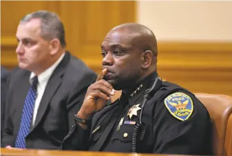  ?? Josh Edelson / Special to The Chronicle ?? Acting San Francisco Police Chief Toney Chaplin, shown at a Police Commission meeting, is one of the candidates for the job, which has many applicants from the current police brass.