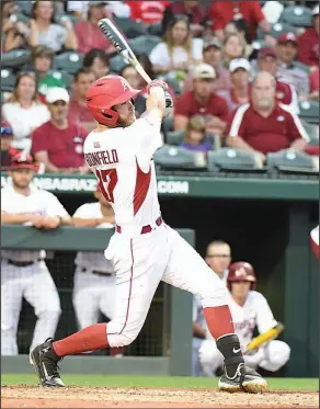  ?? Craven Whitlow/Special to News-Times ?? Player of the Week: Arkansas' Luke Bonfield follows through on his swing after hitting a double Saturday against Georgia. Bonfield was named SEC Player of the Week on Monday. The Razorbacks host Memphis today.