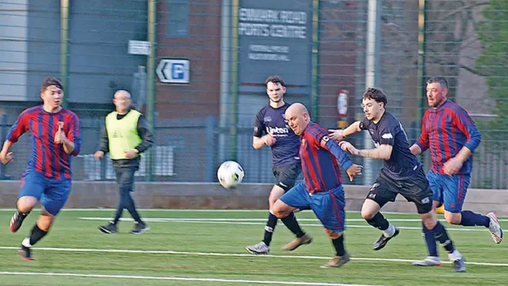  ?? ?? ●●Action from Stoconians reserves versus Village thirds (Stocs in amber and blue)