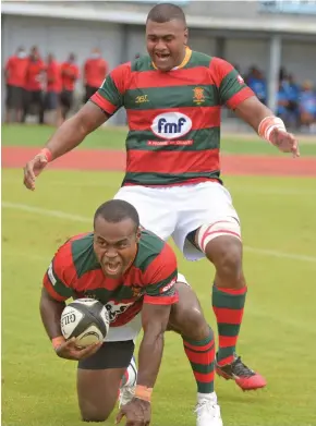  ?? Photo: Ronald Kumar ?? Aporosa Kenatale celebrates scoring the first try against Police in the FMF Ratu Sukuna Bowl challenge on December 17, 2021.