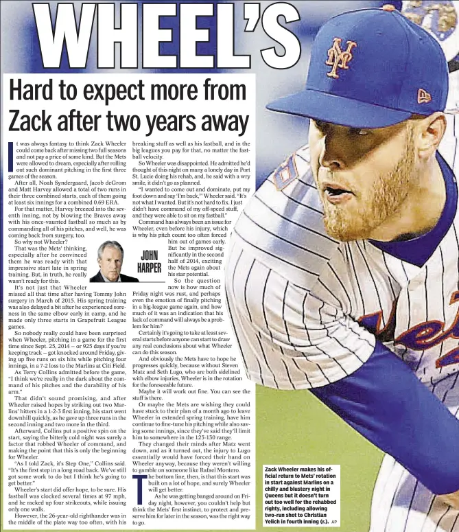  ?? AP ?? Zack Wheeler makes his official return to Mets’ rotation in start against Marlins on a chilly and blustery night in Queens but it doesn’t turn out too well for the rehabbed righty, including allowing two-run shot to Christian Yelich in fourth inning...