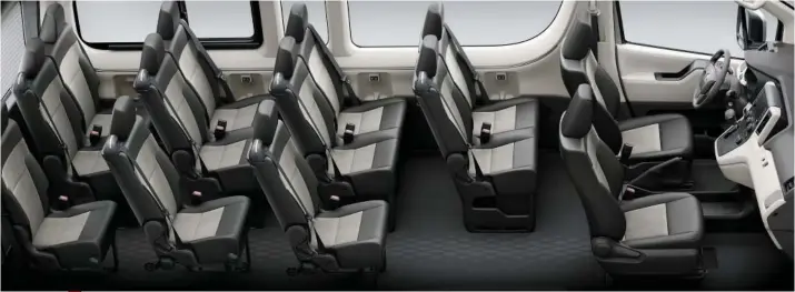  ??  ?? PLENTY OF SPACE. The all-new Toyota Hiace has three variants to choose from when it comes to seating capacity: the 15-seater Commuter Deluxe, the 12-seater GL Grandia and the 14-seater GL Grandia Tourer.