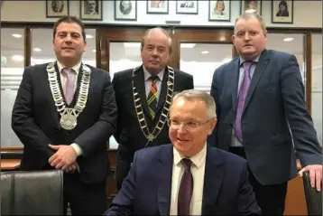  ??  ?? Council chairman Liam Reilly, with Mayor of Drogheda, Cllr. Frank Godfrey, and chairman of Dundalk Municipal District Committee, Cllr. Conor Keelan welcomed the Lithuanian Ambassador Egidijus Meilunas to Louth County Council.