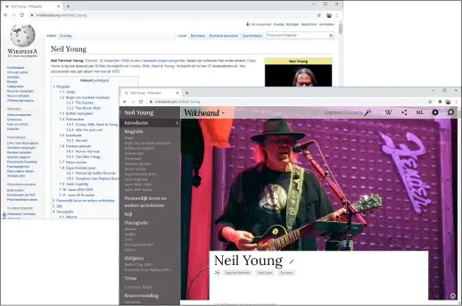  ??  ?? Links de kale Wikipedia-pagina, rechts het resultaat na de opfleurbeu­rt van de extensie Wikiwand.