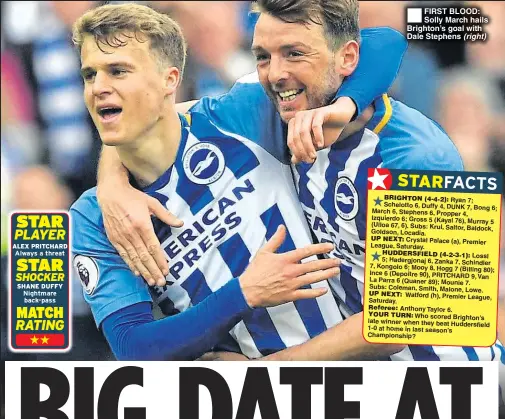  ??  ?? FIRST BLOOD: Solly March hails Brighton’s goal with Dale Stephens (right)