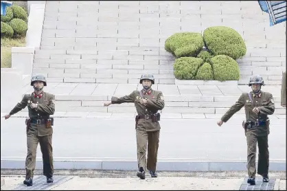  ?? AP ?? North Korean soldiers march during a visit by Australian Defense Minister Marise Payne and Foreign Minister Julie Bishop to the border village of Panmunjom in Paju, South Korea yesterday.
