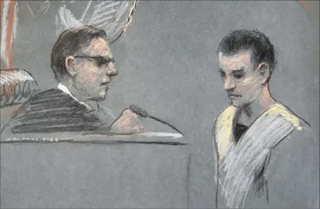  ?? Margaret Small via AP ?? This artist depiction shows Massachuse­tts Air National Guardsman Jack Teixeira, right, appearing April 14, 2023, in U.S. District Court in Boston. Teixeira pleaded guilty in federal court Monday to leaking highly classified military documents about Russia’s war in Ukraine and other national security secrets.