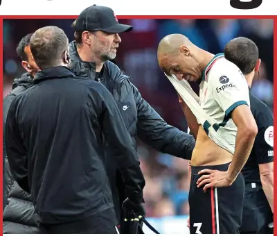 ?? REUTERS ?? Bitter blow: Fabinho is comforted by Klopp after his hamstring injury at Villa