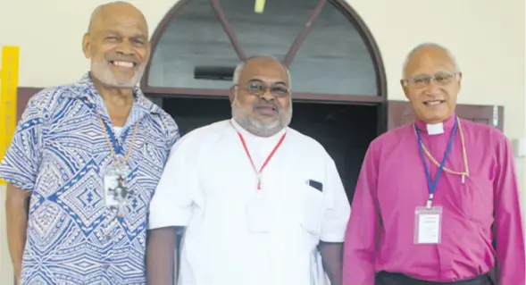 ?? Photo: Simione Haravanua. ?? From left: Bishop Api Qiliho, Vicar General Orisi Vuki and Archbishop of Polynesia Winston Halapua at the Holy Trinity Anglican Cathedral, Suva on April 14,2018.