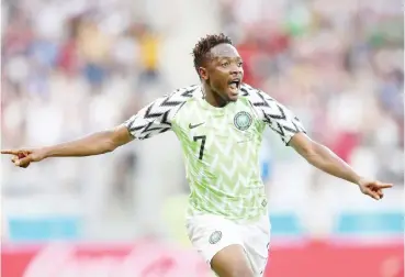  ??  ?? Super Eagles captain, Ahmed Musa celebrates after scoring Nigeria's opening goal against Iceland at the 2018 FIFA World Cup in Russia.