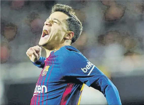  ?? FOTO: PEP MORATA ?? Coutinho exterioriz­ó toda su alegría nada más marcar. Durante la semana avisó de que tenía ganas de hacerlo pero no sabía cómo lo iba a celebrar