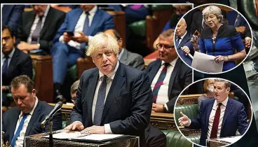  ??  ?? HUMILIATIO­N PM Boris Johnson comes under fire from Theresa May and Keir Starmer yesterday