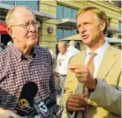  ?? STAFF FILE PHOTO BY JOHN RAWLSTON ?? Former Gov. Bill Haslam, right, and Sen. Lamar Alexander speak in 2014 with reporters in Chattanoog­a. Haslam says he will not seek Alexander’s U.S. Senate seat.