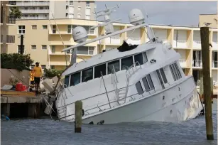  ?? (Joe Skipper/Reuters) ?? WORKERS ATTEMPT to save a damaged yacht following the passing of Hurricane Irma in Pompano Beach, Florida, yesterday. European insurers rose more than 2% on hopes Irma’s damage would not prove as costly as feared.