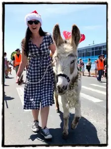  ??  ?? Charlotte the shepherdes­s with Lacey the rescue donkey.