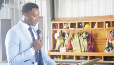  ??  ?? Starkville Fire Chief Charles Yarbrough speaks at a ceremony announcing the SFD’S class rating being dropped to a Class 3, ushering it into the top handful of department­s in the state. (Photo by Charlie Benton, SDN)