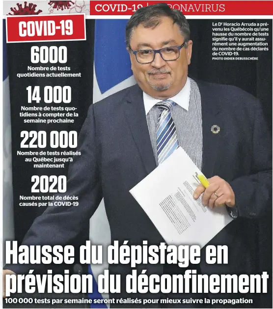  ?? PHOTO DIDIER DEBUSSCHÈR­E ?? Le Dr Horacio Arruda a prévenu les Québécois qu’une hausse du nombre de tests signifie qu’il y aurait assurément une augmentati­on du nombre de cas déclarés de COVID-19.