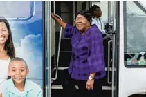  ??  ?? Dorothy Nash, a member of Macedonia Missionary Baptist church, gets on the bus to head to the polls.