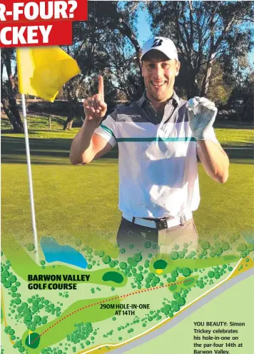  ??  ?? YOU BEAUTY: Simon Trickey celebrates his hole-in-one on the par-four 14th at Barwon Valley.