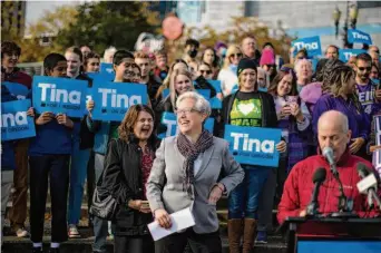  ?? Dave Killen/Oregonian ?? Democrat Tina Kotek holds a news conference Thursday in Portland, Ore. Kotek joins Maura Healey of Massachuse­tts as the first openly lesbian elected governors in the United States.