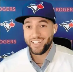  ?? THE CANADIAN PRESS ?? Outfielder George Springer reacts in a screen grab from a virtual news conference he took part in Wednesday. Springer says he’s excited to be a part of the young, talented Toronto Blue Jays, a Major League Baseball club he believes has plenty of potential.