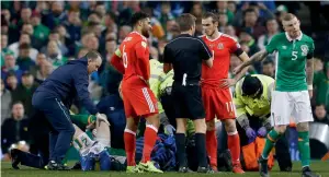  ?? Reuters ?? Gareth Bale and Ashley Williams argue with referee Nicola Rizzoli as Republic of Ireland’s Seamus Coleman receives medical attention. —