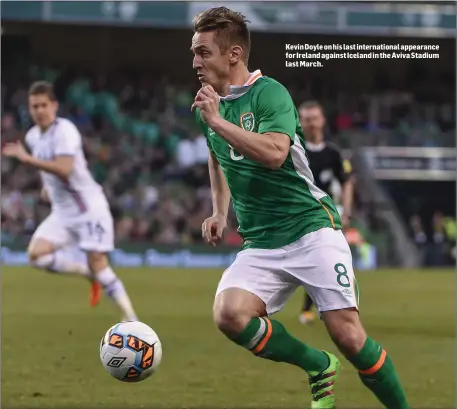  ??  ?? Kevin Doyle on his last internatio­nal appearance for Ireland against Iceland in the Aviva Stadium last March.