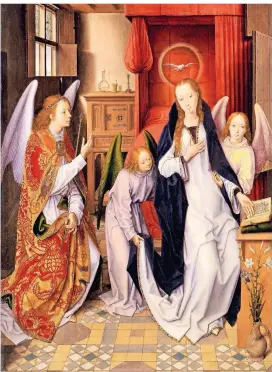  ?? FOTOS (2): WIKIMEDIA COMMONS ?? Hans Memling stellte in seinem Bild „Die Verkündigu­ng“den Heiligen Geist in Marias Zimmer als Taube dar.