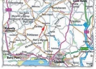  ?? ©CROWN COPYRIGHT 2020 ORDNANCE SURVEY. MEDIA 050/20. ?? Left: The arrow shows the location of Cynheidre, the base for the Llanelli and Mynydd Mawr Railway.