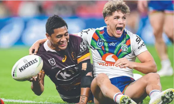  ?? Picture: Getty Images ?? Broncos five-eighth Anthony Milford scores during his stunning performanc­e in the win over the Warriors last weekend.