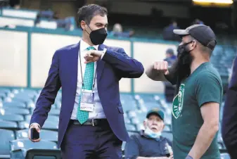  ?? Scott Strazzante / The Chronicle ?? The antics of A’s president Dave Kaval (left) during the Howard Terminal saga has been carnival barkeresqu­e, according to one opinion.