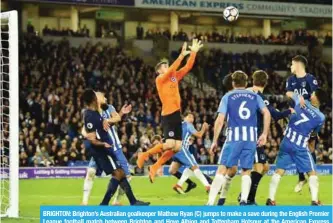  ?? — AFP ?? BRIGHTON: Brighton’s Australian goalkeeper Mathew Ryan (C) jumps to make a save during the English Premier League football match between Brighton and Hove Albion and Tottenham Hotspur at the American Express Community Stadium in Brighton, southern...