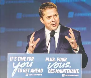  ?? ALEX RAMADAN / BLOOMBERG ?? Conservati­ve Leader Andrew Scheer speaks on election night in Regina, after his electoral loss. Replacing him will not solve the party’s problems, writes Andrew Coyne.