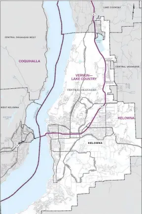  ?? Federal Redistribu­tion ?? Downtown Kelowna and the Glenmore neighborho­od would be shifted into a new federal riding called 'Vernon-Lake Country' under a proposed redrawing of electoral districts.