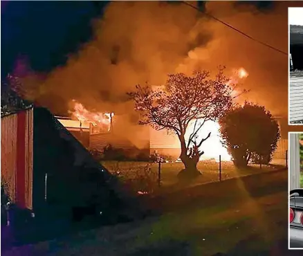  ??  ?? The Clawton St house on fire on Sunday night. The badly damaged house, right, and a damaged car outside the address.