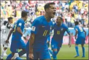  ?? The Associated Press ?? STOPPAGE TIME SAMBA: Philippe Coutinho celebrates after scoring a goal in stoppage time Friday during Brazil’s 2-0 win against Costa Rica in Group E of the 2018 FIFA World Cup in St. Petersburg, Russia.