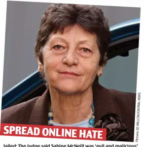  ?? Picture:EDWILLCOX/CENTRALNEW­S ?? SPREAD ONLINE HATE
Jailed: The judge said Sabine McNeill was ‘evil and malicious’
