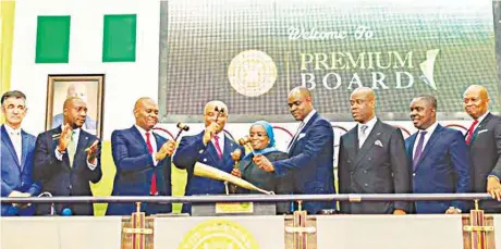  ??  ?? Group Managing Director, Lafarge, Michel Puchercos (left); Director General, Nigerian Stock Exchange, Oscar Onyeama; Chairman, United Bank for Africa, Tony Elumelu; Chairman, Seplat, Dr. ABC Orjiakor; Chairman, Access Bank, Mrs. Mosun Belo-olusoga;...