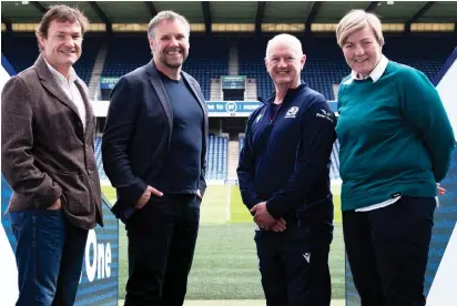  ?? ?? Welcome move: former Scotland stars Bulloch (left) and McCord (right) unveil Scottish Rugby’s brain health scheme alongside Professor Ritchie and Doctor Robson at BT Murrayfiel­d yesterday