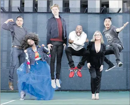  ?? Myung J. Chun Los Angeles Times ?? WALTER PEREZ, from left, Shoniqua Shandai, Calum Worthy, Jackie Long, Rory Uphold and Jonathan Park (a.k.a. Dumbfounde­ad).