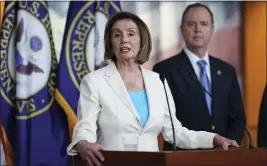  ?? J. SCOTT APPLEWHITE — THE ASSOCIATED PRESS FILE ?? Speaker of the House Nancy Pelosi, D-Calif., joined at right by House Intelligen­ce Committee Chairman Adam Schiff, D-Calif., holds a press conference on Capitol Hill in Washington on July 1, 2021.