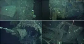  ?? FOTO: DCF SUBSEA ?? FARLIG LAST: Bildene viser deler av roret (øverst til venstre, med klokken), tårnet med periskop, propellen og stedet der ubåten er delt i to.