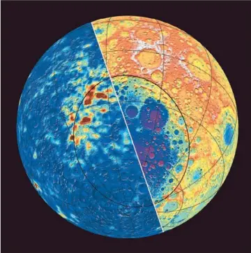  ?? Science/aaas ?? PARTS OF THE LUNAR surface have a magnetic field, but others don’t. The largest grouping of magnetic patches, at left, are near the rim of a 1,200-mile-wide basin, one of the solar system’s largest impact craters.