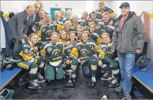  ?? TWITTER.COM/HUMBOLDTBR­ONCOS ?? Members of the Humboldt Broncos junior hockey team are shown in a photo posted to the team Twitter feed, @ HumboldtBr­oncos on March 24, after a playoff win over the Melfort Mustangs.