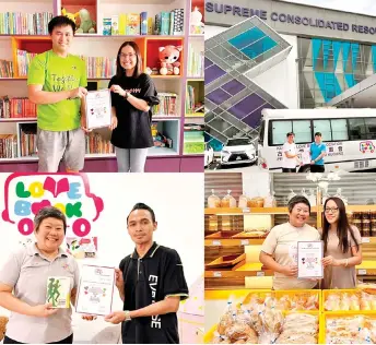  ?? ?? Combo photo shows Kuching Love Book Associatio­n officials receiving the sponsorshi­ps from the representa­tives of the sponsors.