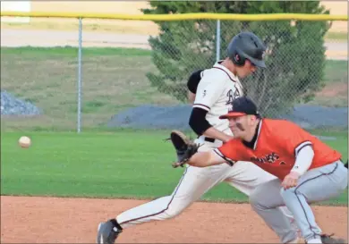  ?? Jeremy Stewart ?? Rockmart’s Mason Phillips gets back to first base while LaFayette’s Davis Richardson waits on the throw during the seventh inning of a Region 6-3A game at Rockmart High School on Friday, April 9, 2021. The Jackets lost 6-5 after scoring three runs in the bottom of the sixth.