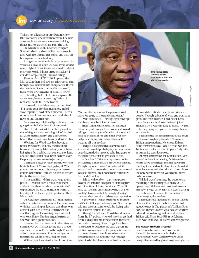  ??  ?? Cyril Ramaphosa: Thanked Mosilo Mothepu for what she did for the country